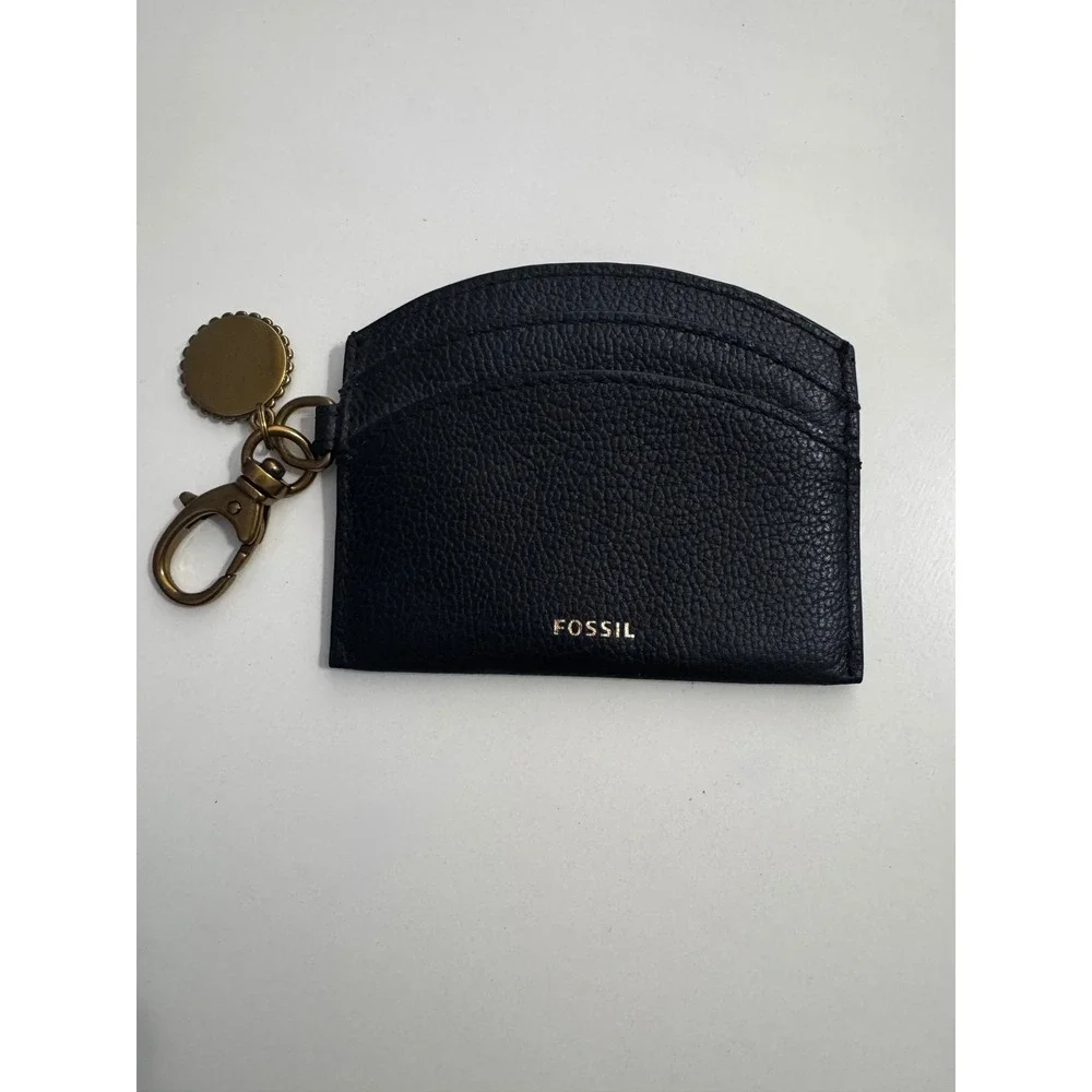 Fossil Black Pebbled Leather Card Case Keychain Wallet Gold Logo Charm Slim